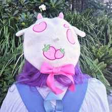 Load image into Gallery viewer, Strawberry Cow Beret - Cute Kawaii Pastel Embroidered 90% Wool Beret