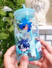 Load image into Gallery viewer, Genshin Visions - Cryo Glass Cup | 16oz with Plastic Lid and straw | Gradient Glass Cup