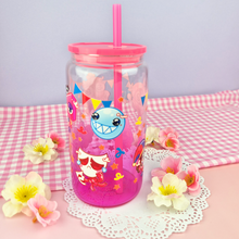 Load image into Gallery viewer, Digital Circus Glass Cup | 16oz with Plastic Lid and straw | Gradient Glass Cup