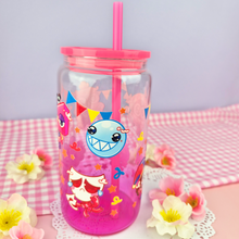 Load image into Gallery viewer, Digital Circus Glass Cup | 16oz with Plastic Lid and straw | Gradient Glass Cup