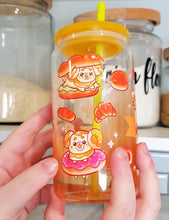 Load image into Gallery viewer, Fidough Bakery Glass Cup | 16oz with Plastic Lid and straw | Gradient Glass Cup