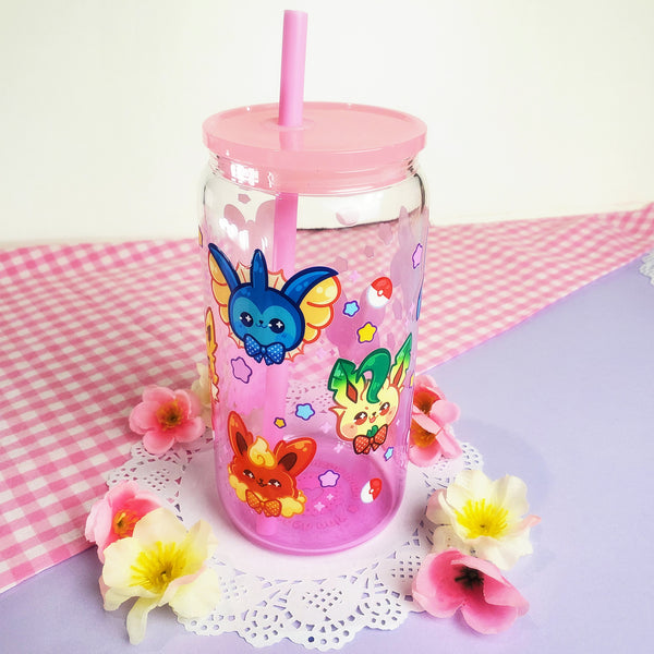 Eeveelutions Glass Cup | 16oz with Plastic Lid and straw | Gradient Glass Cup