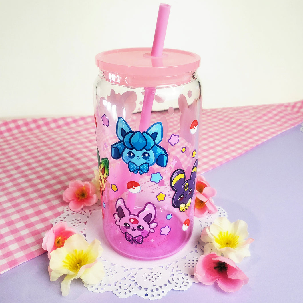 Eeveelutions Glass Cup | 16oz with Plastic Lid and straw | Gradient Glass Cup