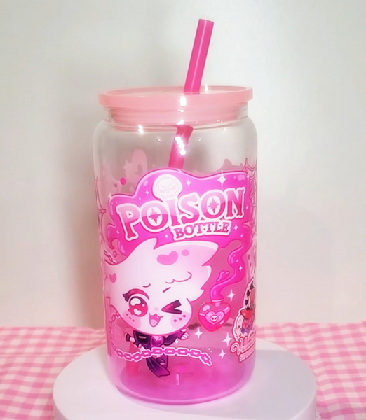 Angel Dust Poison Bottle Glass Cup | 16oz with Plastic Lid and straw | Gradient Glass Cup