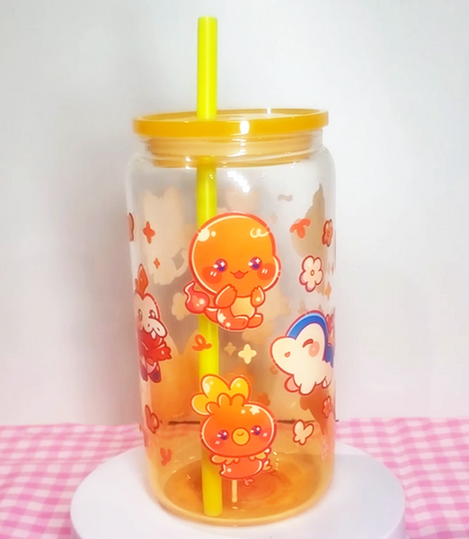 Fire Starters Glass Cup | 16oz with Plastic Lid and straw | Gradient Glass Cup