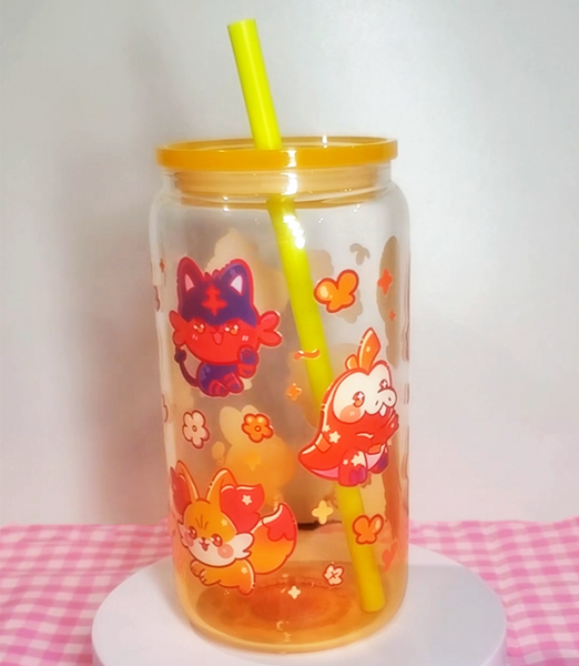 Fire Starters Glass Cup | 16oz with Plastic Lid and straw | Gradient Glass Cup