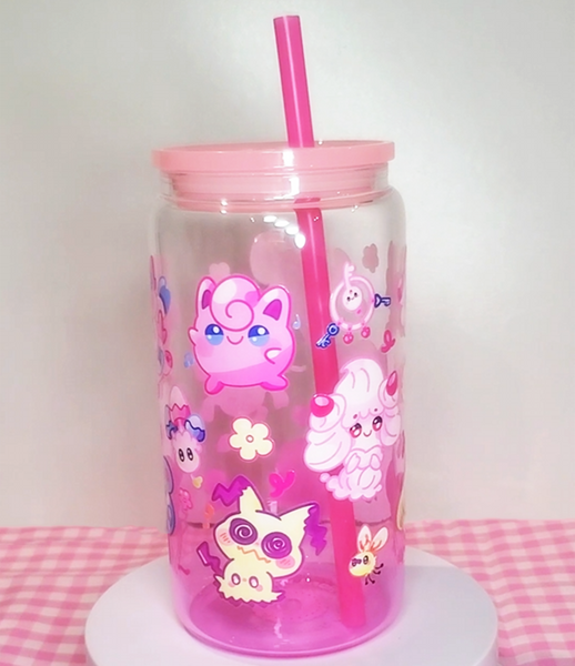 Fairy Type Glass Cup | 16oz with Plastic Lid and straw | Gradient Glass Cup