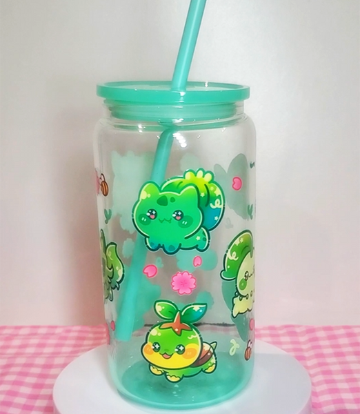 Grass Starters Glass Cup | 16oz with Plastic Lid and straw | Gradient Glass Cup