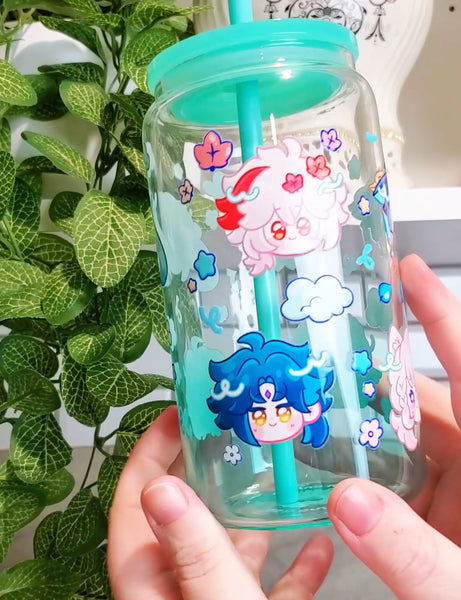 PRE-ORDER | Genshin Visions - Anemo Glass Cup | 16oz with Plastic Lid and straw | Gradient Glass Cup