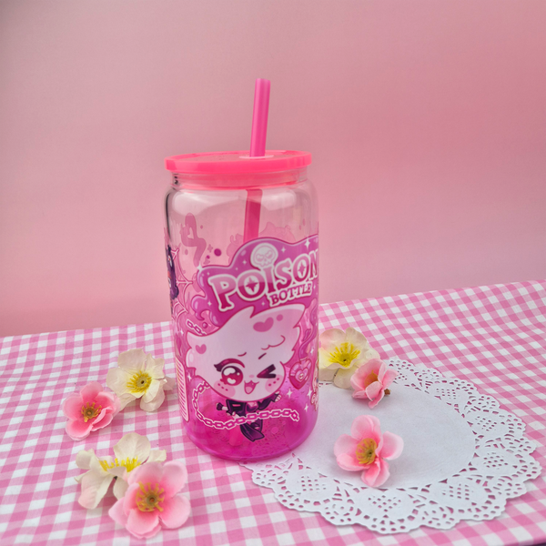 Angel Dust Poison Bottle Glass Cup | 16oz with Plastic Lid and straw | Gradient Glass Cup