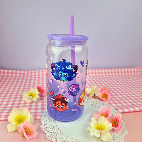 Critical Role: Mighty Nein Glass Cup | 16oz with Plastic Lid and straw | Gradient Glass Cup