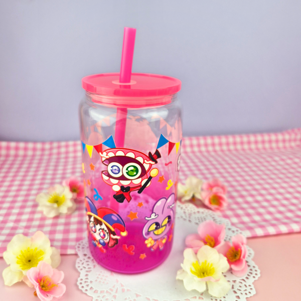 Digital Circus Glass Cup | 16oz with Plastic Lid and straw | Gradient Glass Cup