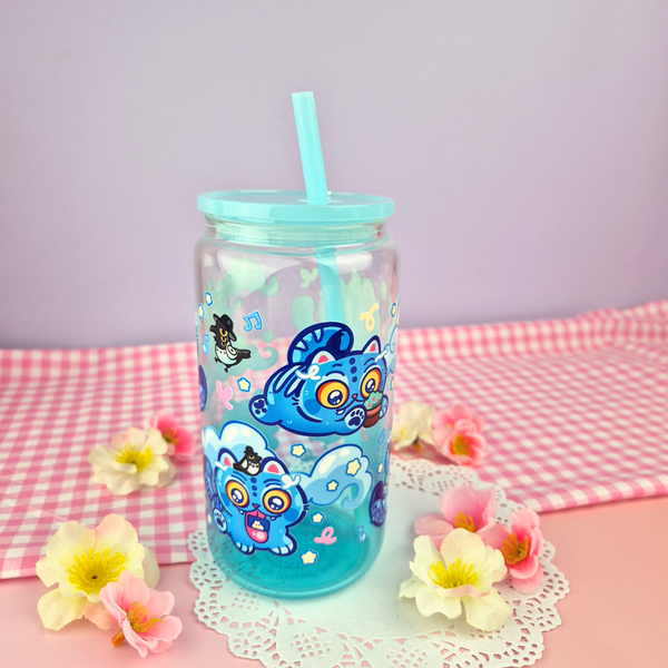Derpy Tiger Glass Cup | 16oz with Plastic Lid and straw | Gradient Glass Cup