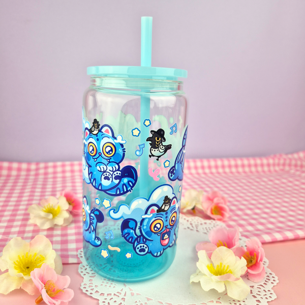Derpy Tiger Glass Cup | 16oz with Plastic Lid and straw | Gradient Glass Cup