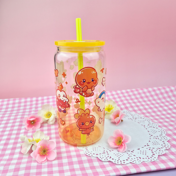 Fire Starters Glass Cup | 16oz with Plastic Lid and straw | Gradient Glass Cup