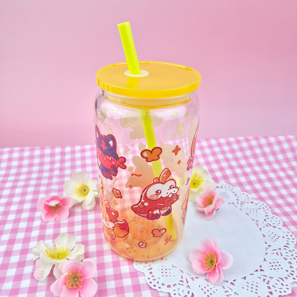 Fire Starters Glass Cup | 16oz with Plastic Lid and straw | Gradient Glass Cup