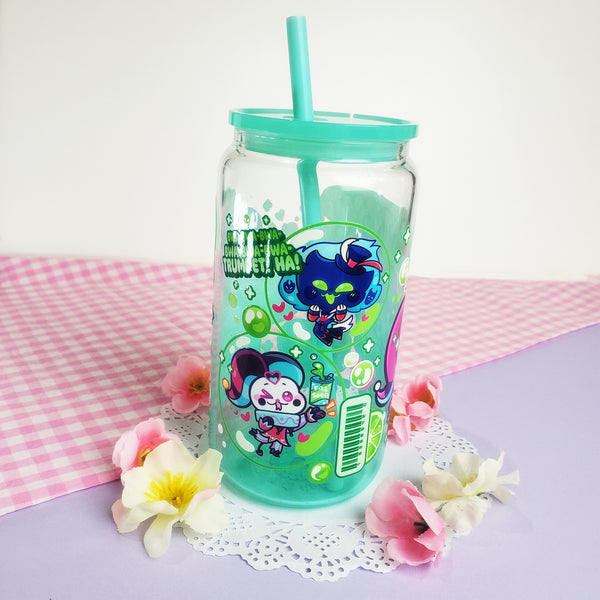 Fizzy Soda Glass Cup | 16oz with Plastic Lid and straw | Gradient Glass Cup