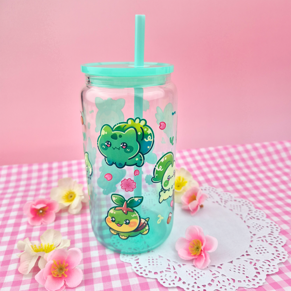 Grass Starters Glass Cup | 16oz with Plastic Lid and straw | Gradient Glass Cup