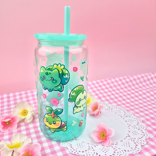 Grass Starters Glass Cup | 16oz with Plastic Lid and straw | Gradient Glass Cup