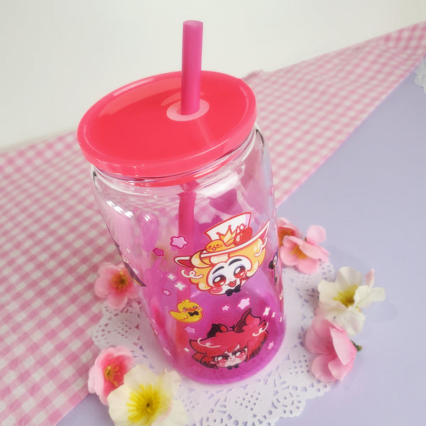 Hazbin Hotel Glass Cup | 16oz with Plastic Lid and straw | Gradient Glass Cup