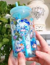 Load image into Gallery viewer, PRE-ORDER | Genshin Visions - Hydro Glass Cup | 16oz with Plastic Lid and straw | Gradient Glass Cup

