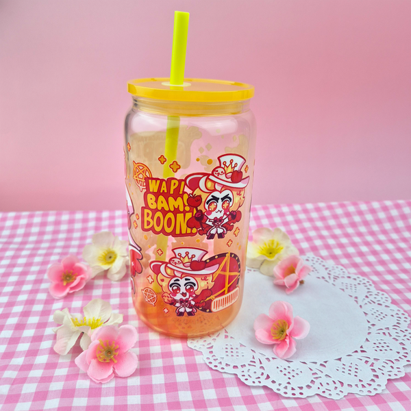 Lucifer Apple Juice Glass Cup | 16oz with Plastic Lid and straw | Gradient Glass Cup
