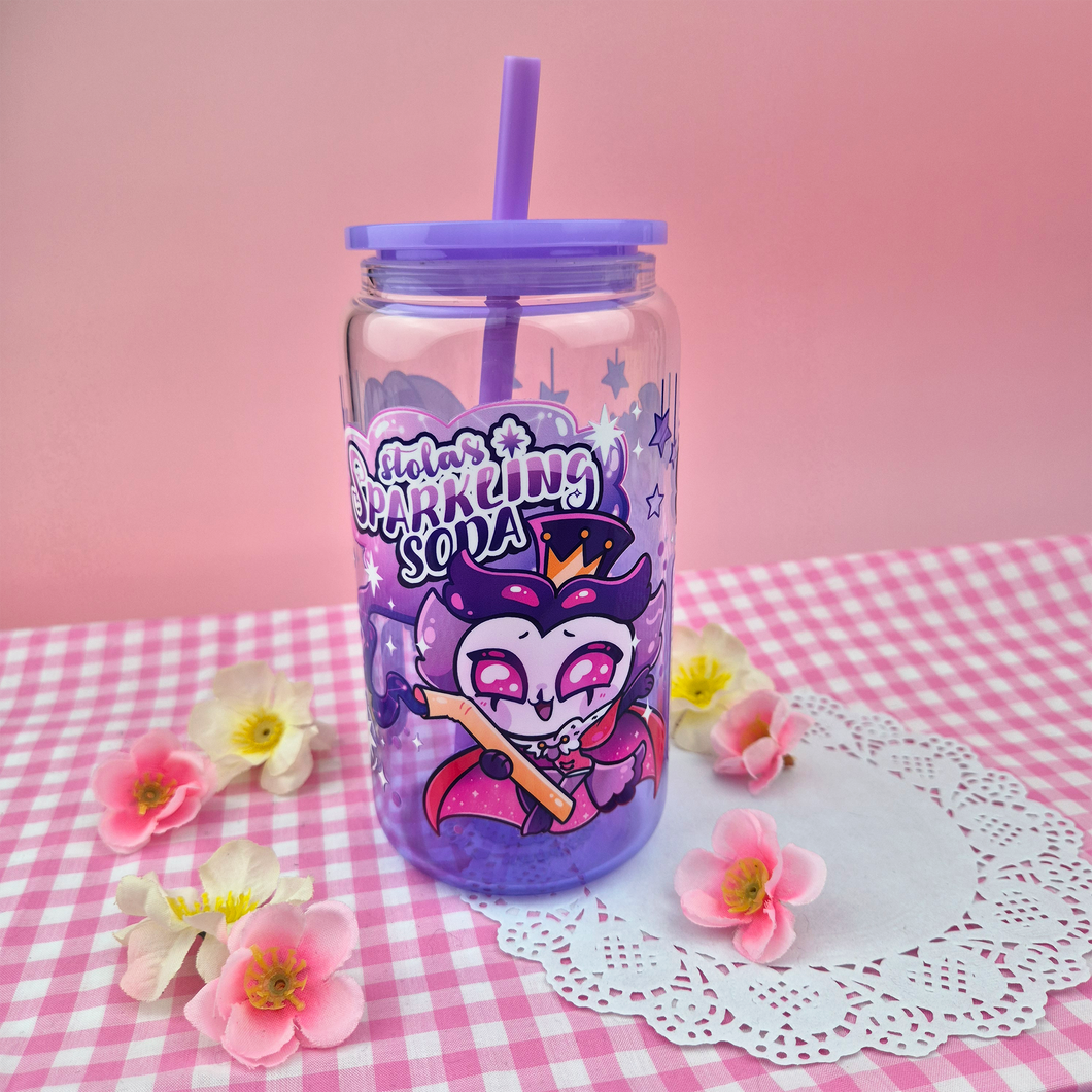 Stolas Sparkling Soda Glass Cup | 16oz with Plastic Lid and straw | Gradient Glass Cup