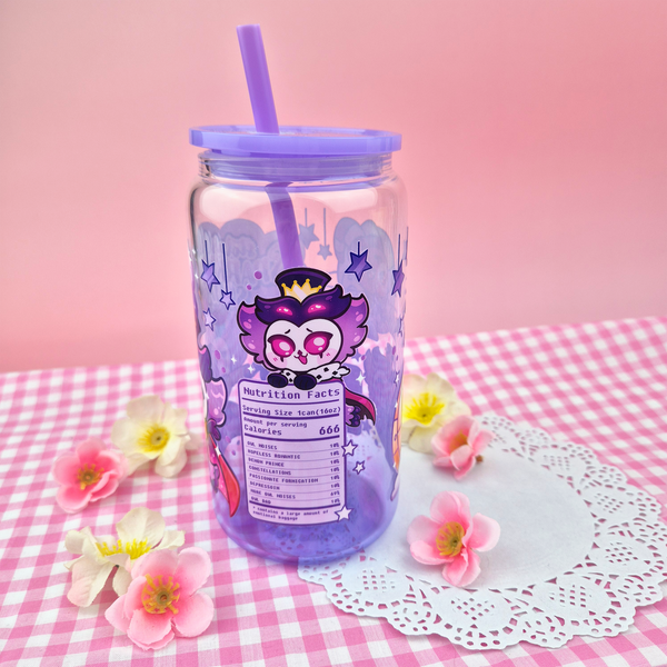 Stolas Sparkling Soda Glass Cup | 16oz with Plastic Lid and straw | Gradient Glass Cup